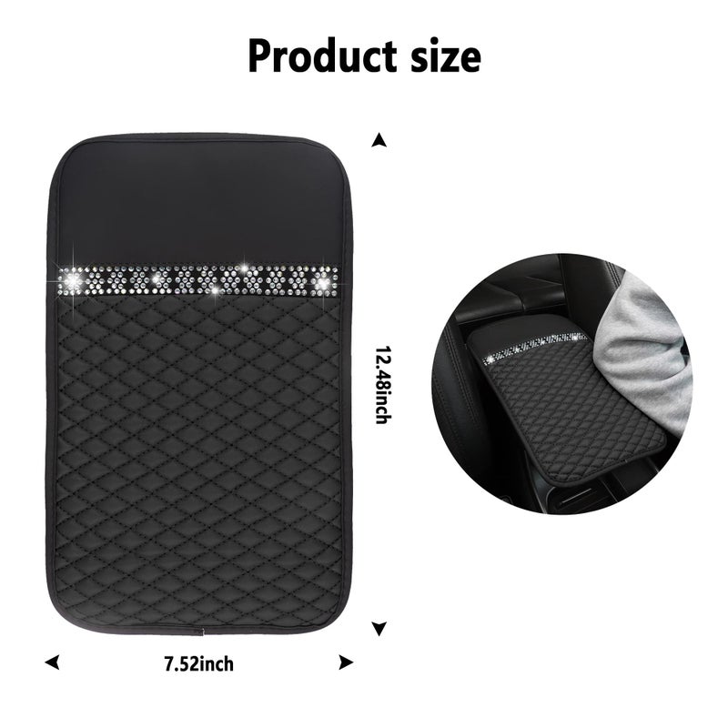 NHHC Bling Leather Car Armrest Box Cover Car Center Console Protector with Colorful Crystal Rhinestones Anti-Scratch Waterproof Car Armrest Seat Pad for Most Car SUVs Trucks (Black) - Image 2